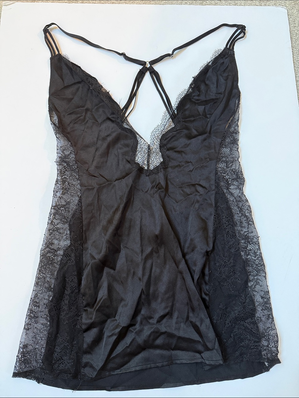Victoria's Secret Black Lace-Trim Satin Chemise with Strappy Back